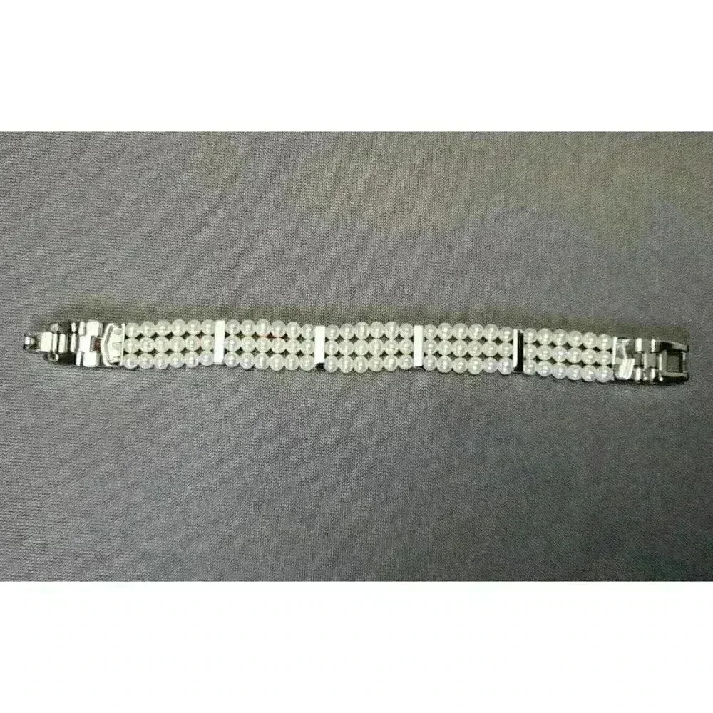 Faux Pearl Beaded Bracelet 7" w/ Rhinestone Silver-tone Spacers Fashion Jewelry - Picture 4 of 4